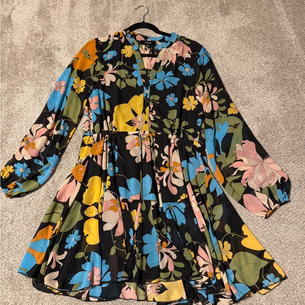 Aakaa Black Floral Long Sleeve Dress with Blue, Yellow & Pink Accents